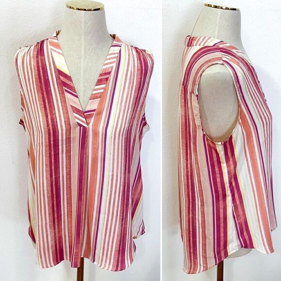 Vince Camuto Sleeveless V-Neck Canvas Stripe Blouse M - Picture 1 of 3